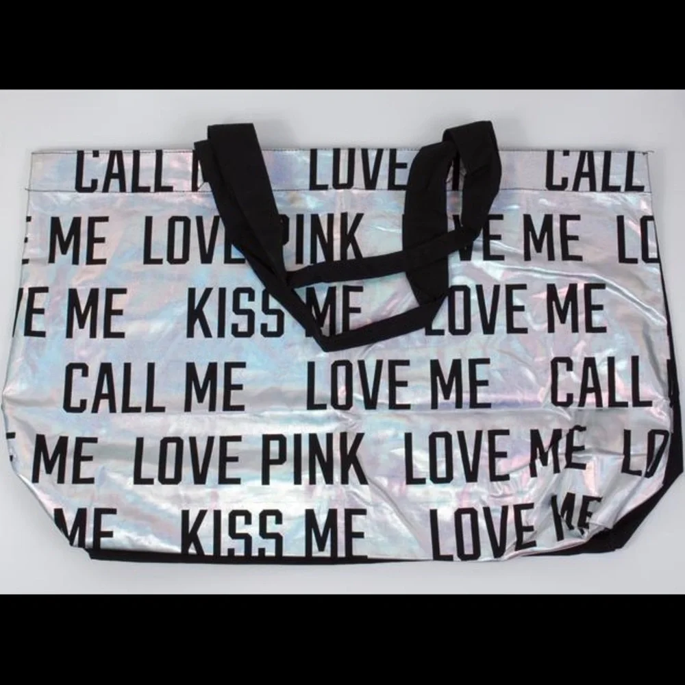 Victoria’s Secret Silver Metallic Love Me Kiss Me Call Me Tote Bag